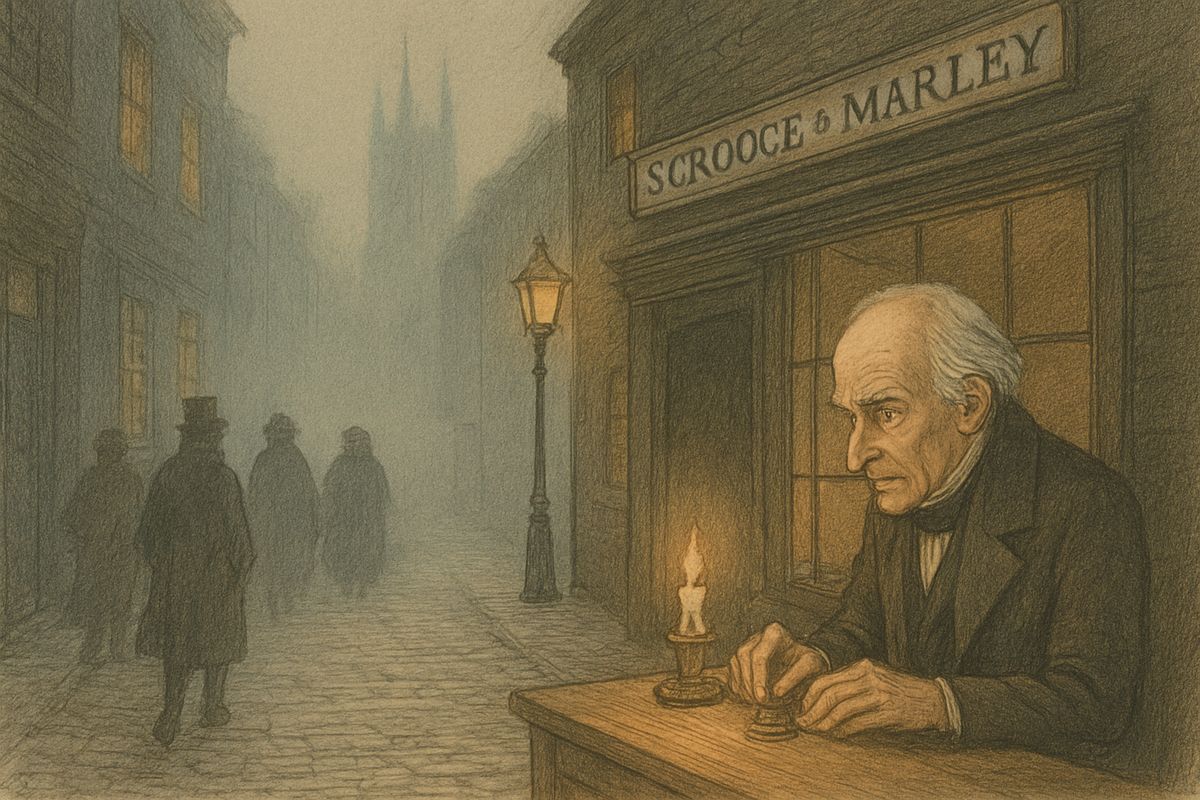 Marley had been dead seven years, but Scrooge never painted out his partner's name. On Christmas Eve the fog was thick and it had not been light all day, while the tight-fisted old sinner sat counting his money, as cold as the weather.