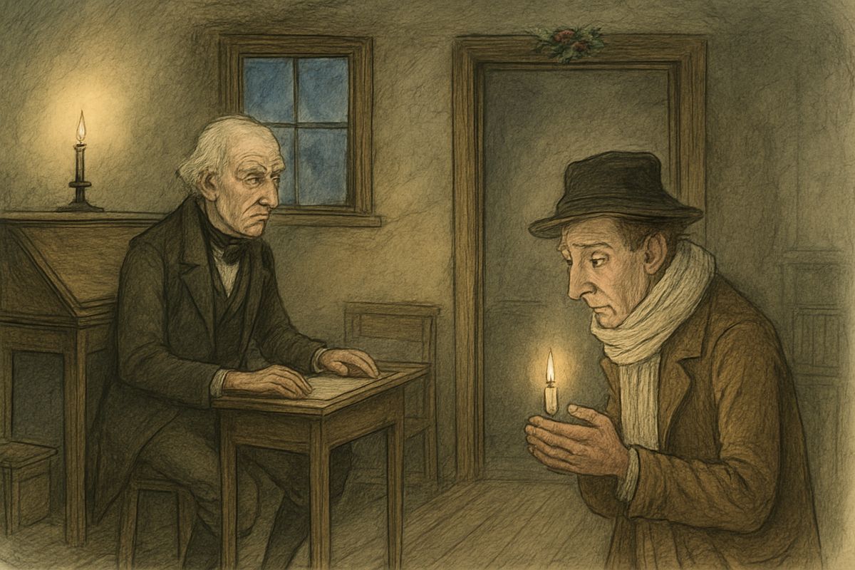 Scrooge kept his door open to watch his clerk, Bob Cratchit, copying letters. Bob's fire was a single coal, and Scrooge kept the coal-box, so Bob wound his white comforter tighter and tried to warm himself at the candle.