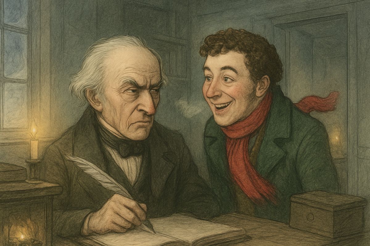 Suddenly the door burst open. "A merry Christmas, uncle! God save you!" cried Scrooge's nephew Fred, all in a glow from hurrying through the frost, his breath smoking. Scrooge did not even look up from his books. "Bah!" he said. "Humbug!"