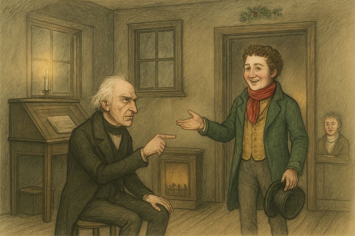 Fred declared Christmas a kind, forgiving, charitable time, and Bob applauded before Scrooge threatened his job. Fred begged his uncle to dine with them tomorrow, but Scrooge only snapped, "Good afternoon!" Fred left without an angry word, wishing the clerk a merry Christmas.