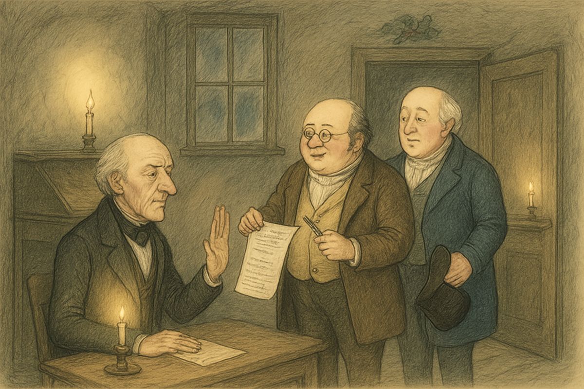 Next, two portly gentlemen came collecting for the poor. "Are there no prisons?" asked Scrooge. He would give nothing; if the poor would rather die, they had better do it. The gentlemen withdrew, and Scrooge went back to work, rather pleased with himself.