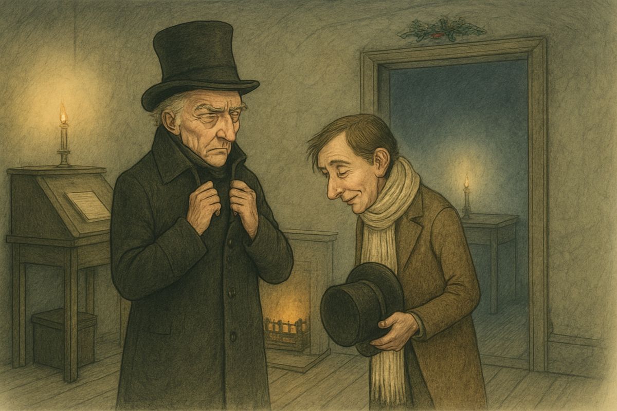 At closing time, Scrooge grumbled, "You'll want all day tomorrow, I suppose?" He called it picking a man's pocket, but he let Bob have Christmas Day. Scrooge stalked off, and Bob slid down the ice on Cornhill and ran home to his family.