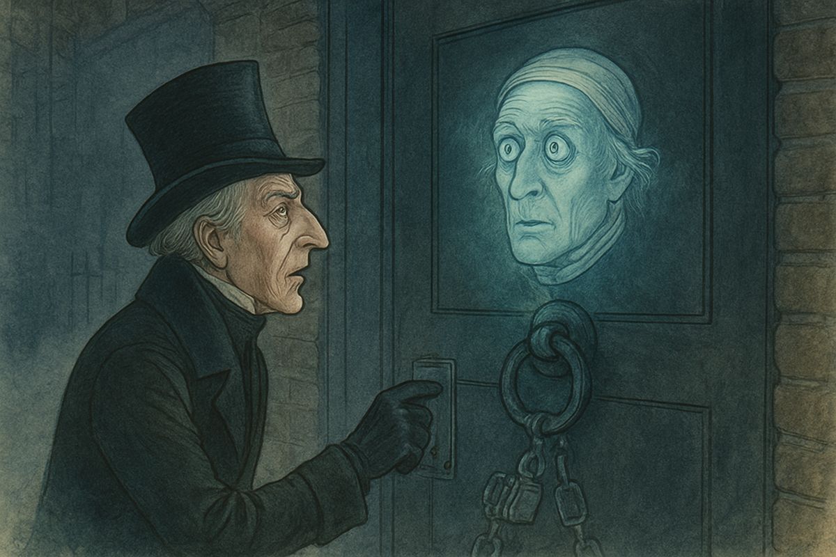 After a gloomy tavern dinner, Scrooge went home to the dark chambers that had once been Marley's. With his key in the lock, he saw the knocker was not a knocker at all, but Marley's face, glowing faintly.