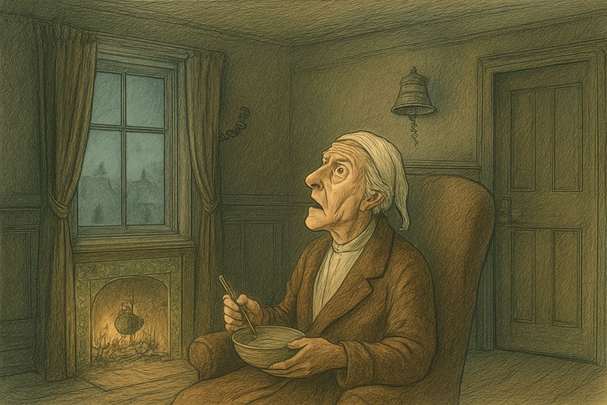 "Pooh, pooh!" said Scrooge, and he double-locked himself in. He sat by his small fire with his bowl of gruel. Then an old disused bell on the wall began to swing, softly and then loudly, until every bell in the house was ringing.
