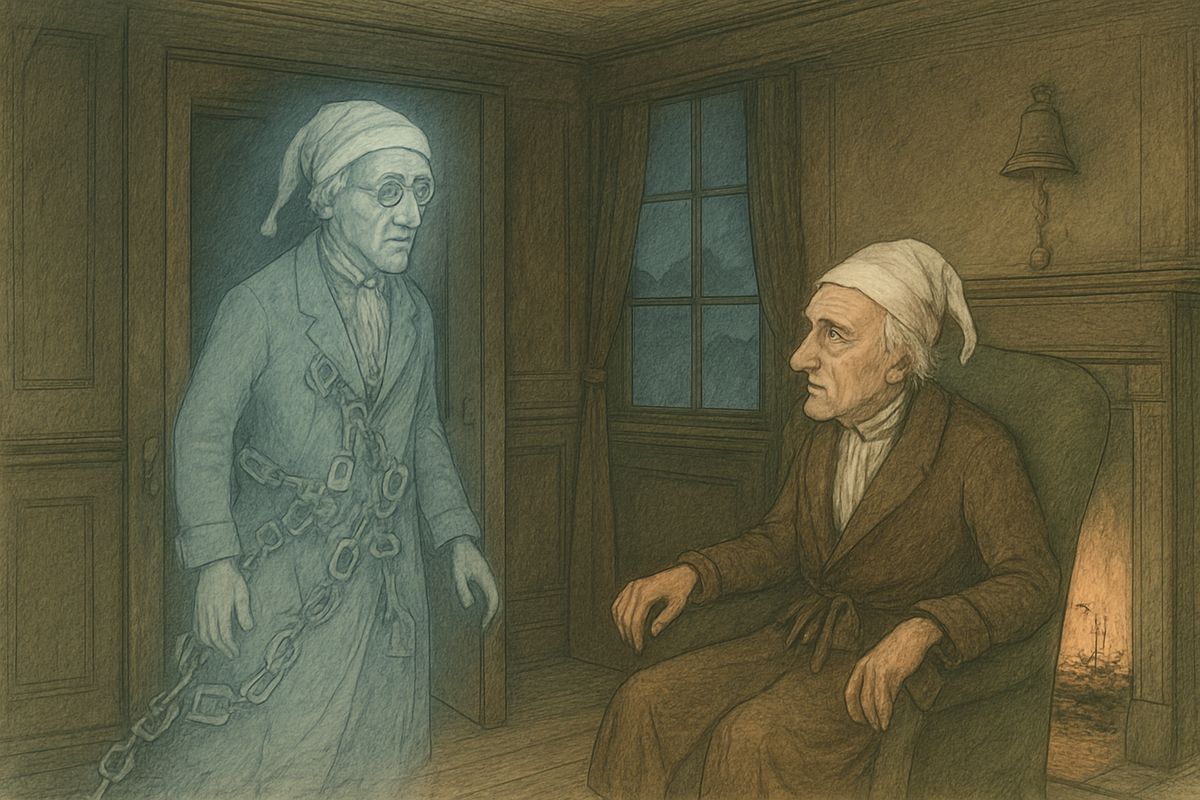 The bells stopped, and a clanking came up from the cellar, up the stairs, and to his door. "It's humbug still!" said Scrooge. But right through the locked door came Marley's Ghost, dragging a long chain of cash-boxes, keys and ledgers.