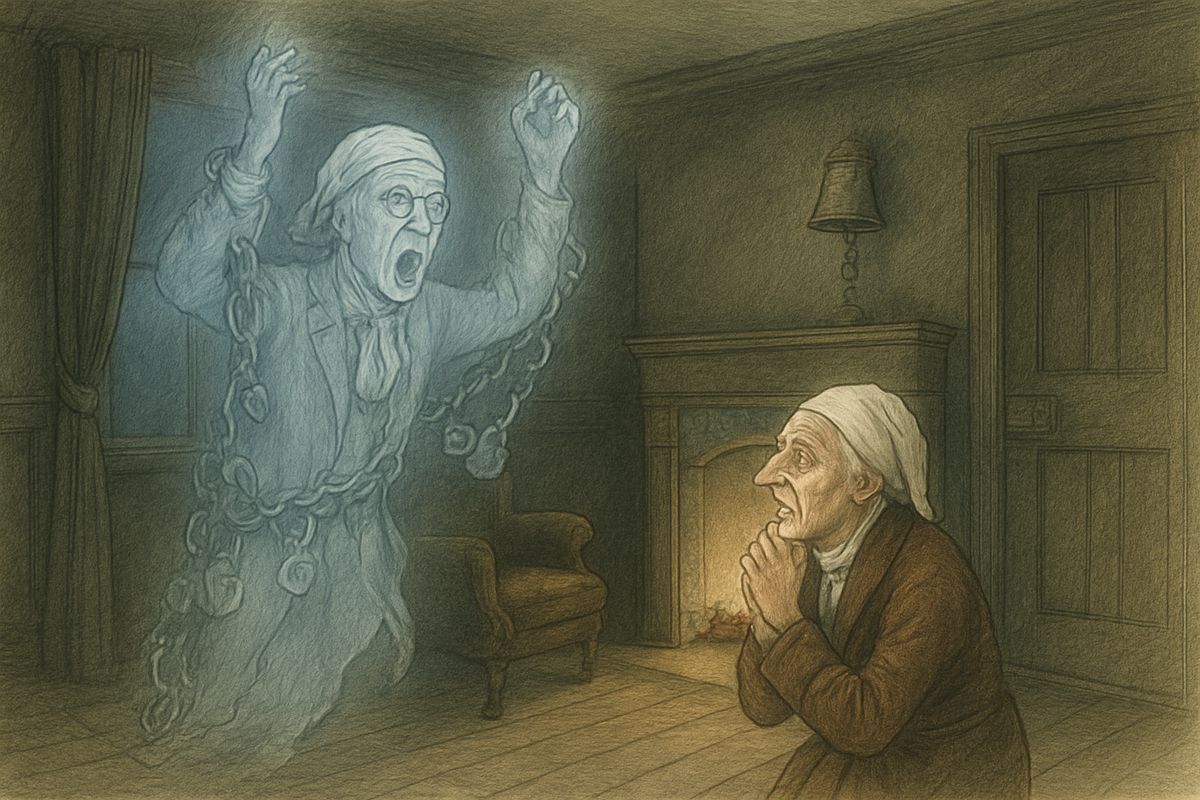 Still Scrooge would not believe his eyes; the Ghost, he said, was only a bit of undigested beef. At that the spirit gave a terrible cry and shook its chain, and Scrooge fell to his knees. "Mercy!" he said.