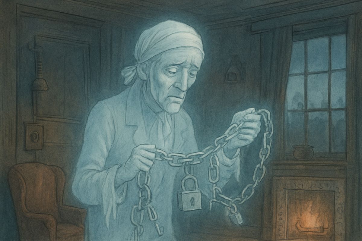"I wear the chain I forged in life," said the Ghost. He had made it link by link, from years of thinking only of money. Scrooge's own chain, Marley warned, had been as long seven years ago, and he had worked on it ever since.