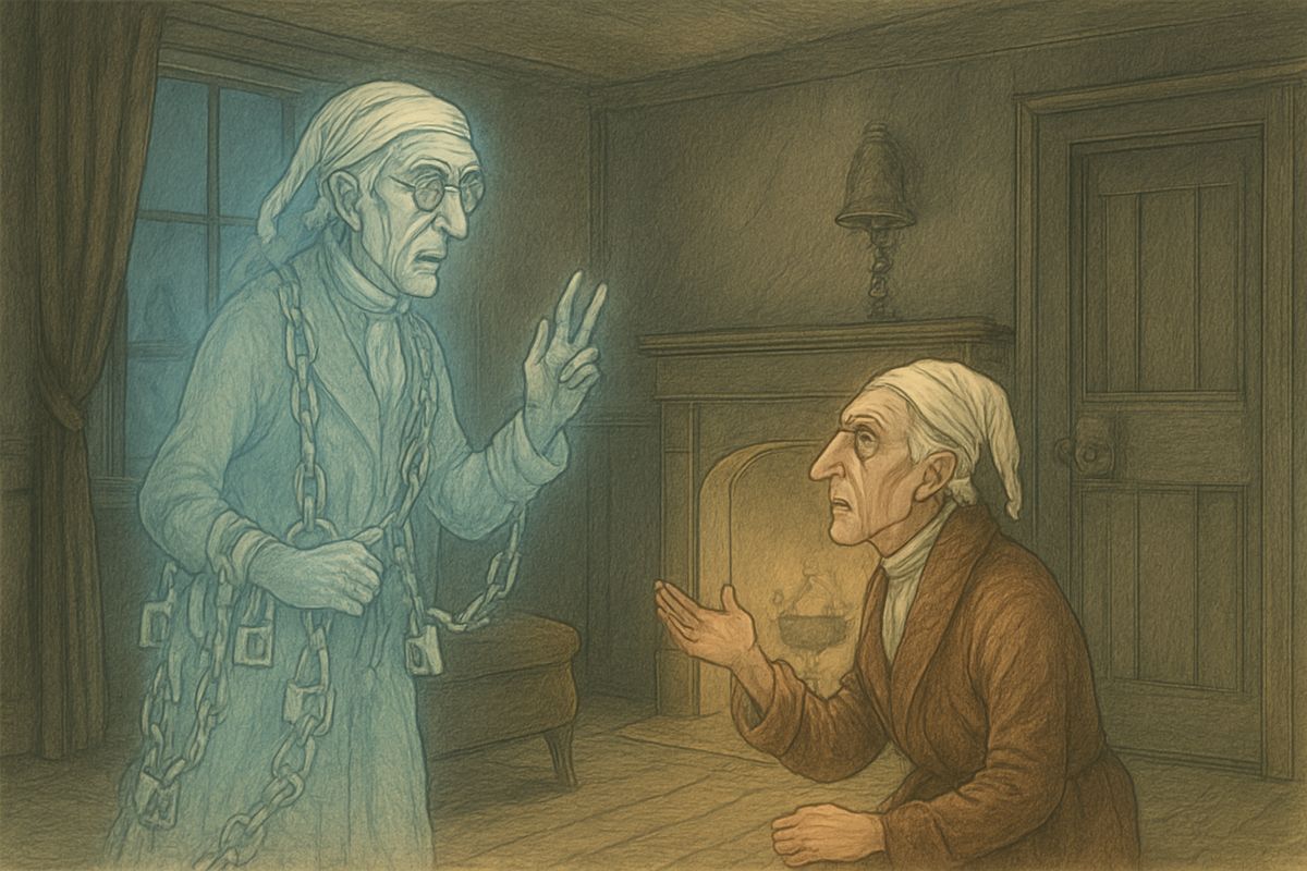 "You have yet a chance and hope of escaping my fate," said the Ghost. Three Spirits would haunt Scrooge, the first when the bell tolled One. Without them, Marley warned, there was no hope.
