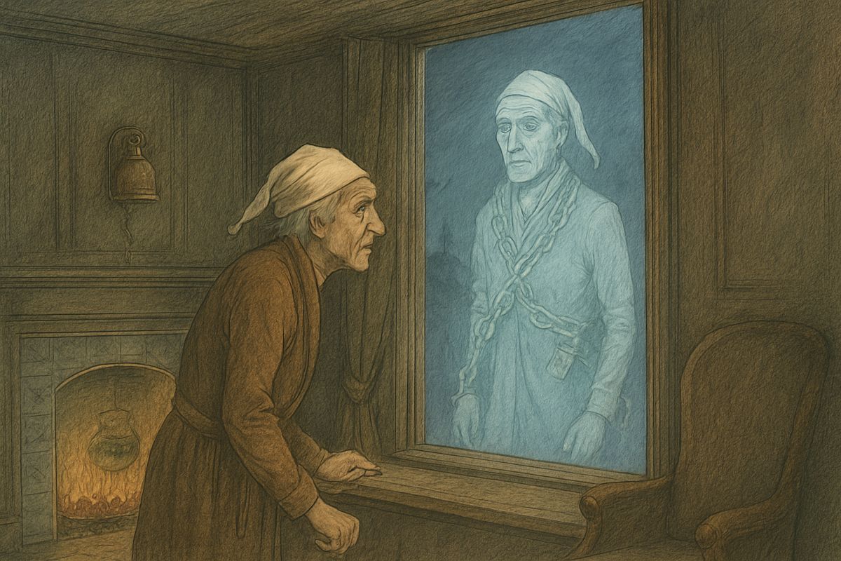 Marley floated out through the window into a night full of wailing phantoms in chains, weeping because they could no longer help anyone. When they faded, the door was double-locked. Scrooge began to say "Humbug!" but stopped at the first syllable and fell asleep.