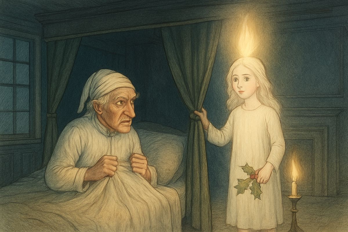 Scrooge woke in the dark and lay counting the chimes. As the bell tolled a deep, dull One, light flashed up in the room and a hand drew back the curtains of his bed. Scrooge started up to find himself face to face with a strange, unearthly visitor.