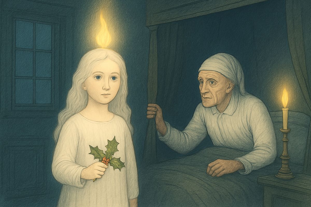 It was like a child and yet like an old man, with long white hair, a sprig of fresh holly, and a clear jet of light springing from its head. "I am the Ghost of Christmas Past," it said softly. "Long past?" asked Scrooge. "No. Your past."