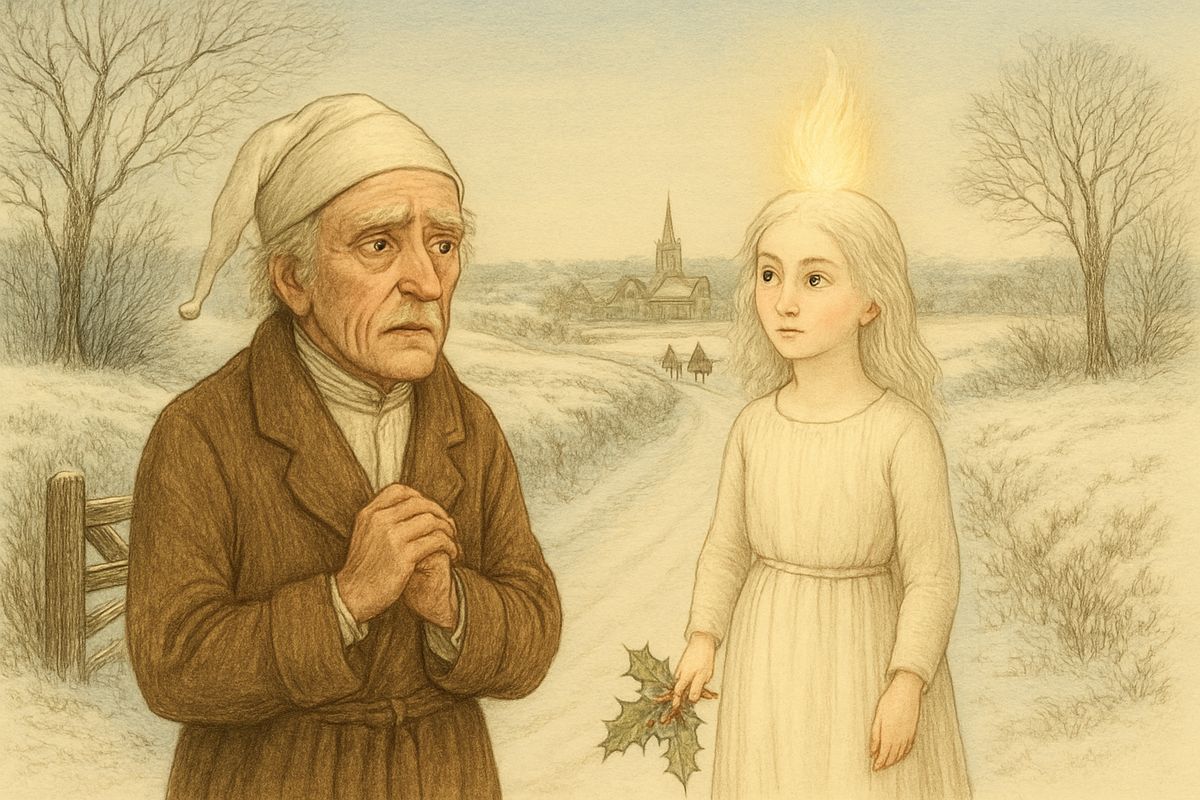 The Spirit laid its hand on Scrooge's heart, and they passed through the wall onto a snowy country road. "I was a boy here!" cried Scrooge. Merry schoolboys trotted by on ponies, and Scrooge knew them every one.
