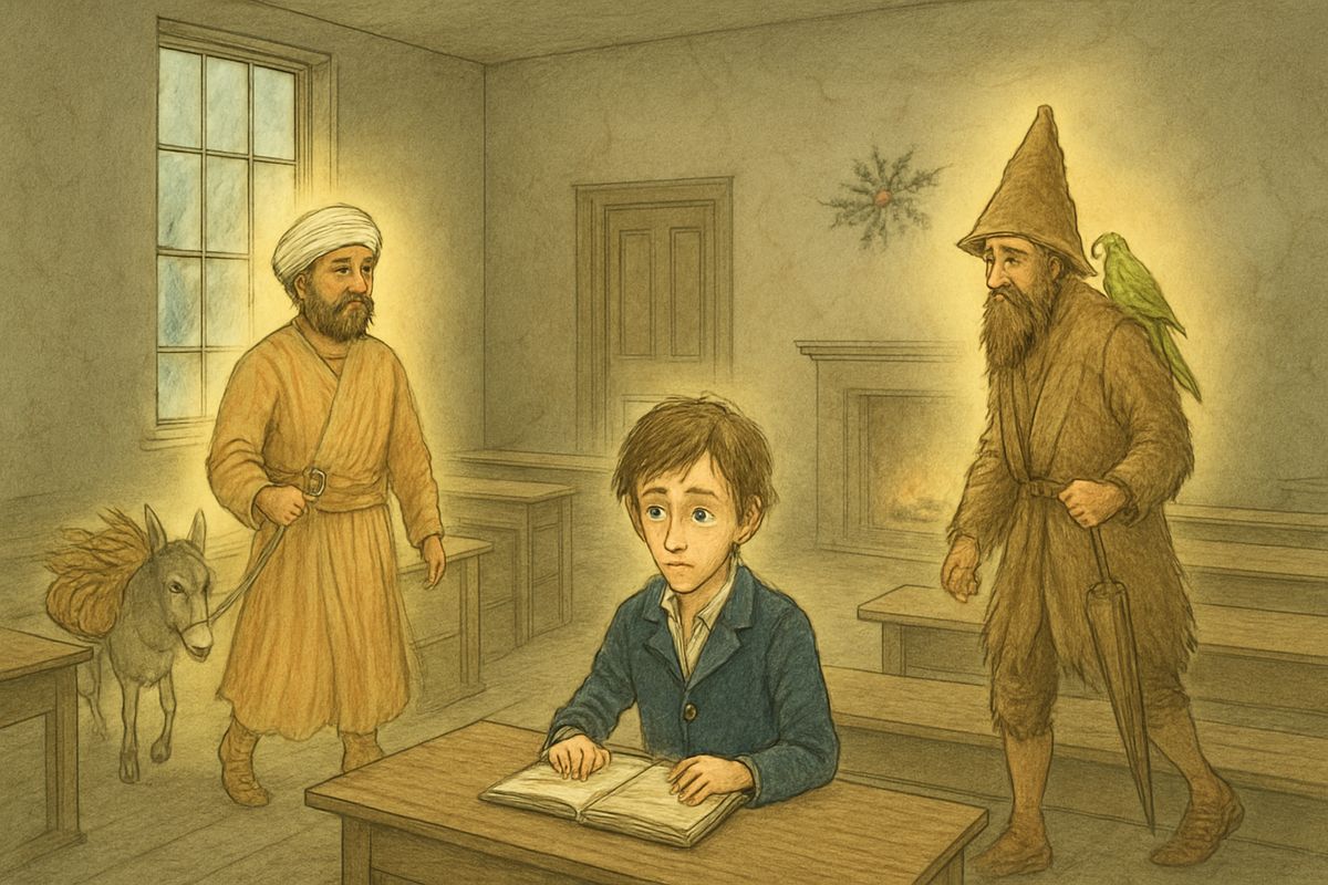 They came to a crumbling old school, where one lonely boy had been left behind at Christmas. Old Scrooge sat down and wept to see his forgotten self. Then Ali Baba stepped out of the boy's books, and Robinson Crusoe with his Parrot.