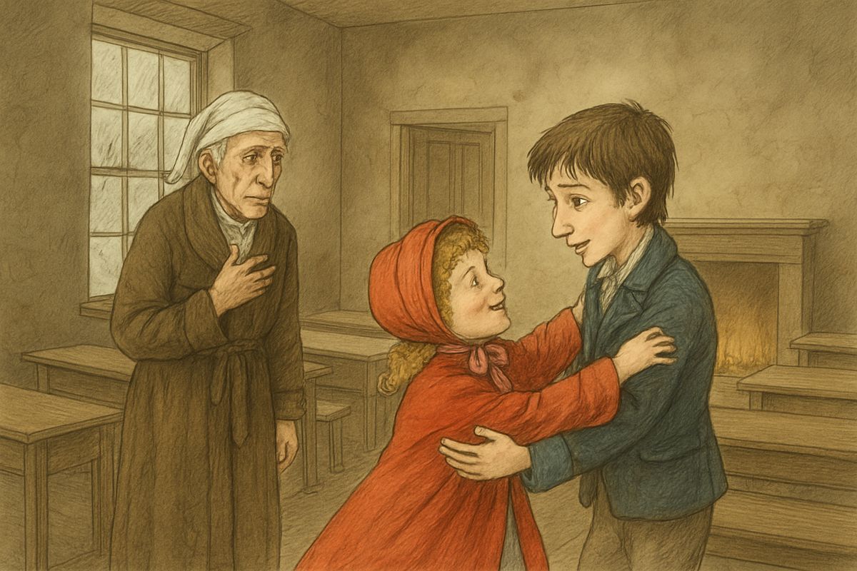 Another Christmas came, and the boy, older now, paced the room alone. Then his little sister Fan ran in and hugged him. "I have come to bring you home, dear brother!" Soon their coach was rattling away through the snow.