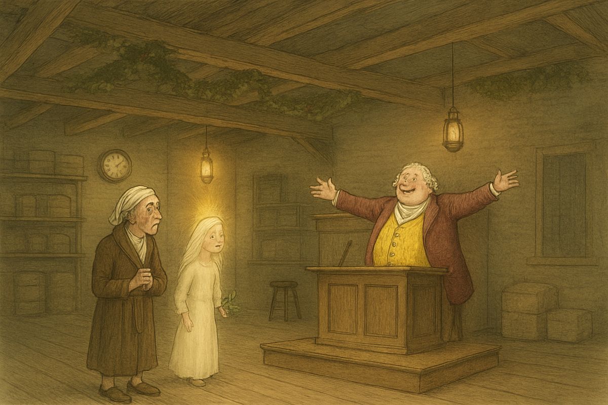 Next the Ghost brought Scrooge to the city warehouse where he had been an apprentice. At a high desk sat his old master, and as the clock struck seven, jolly Fezziwig laid down his pen: "Yo ho, my boys! No more work to-night!"