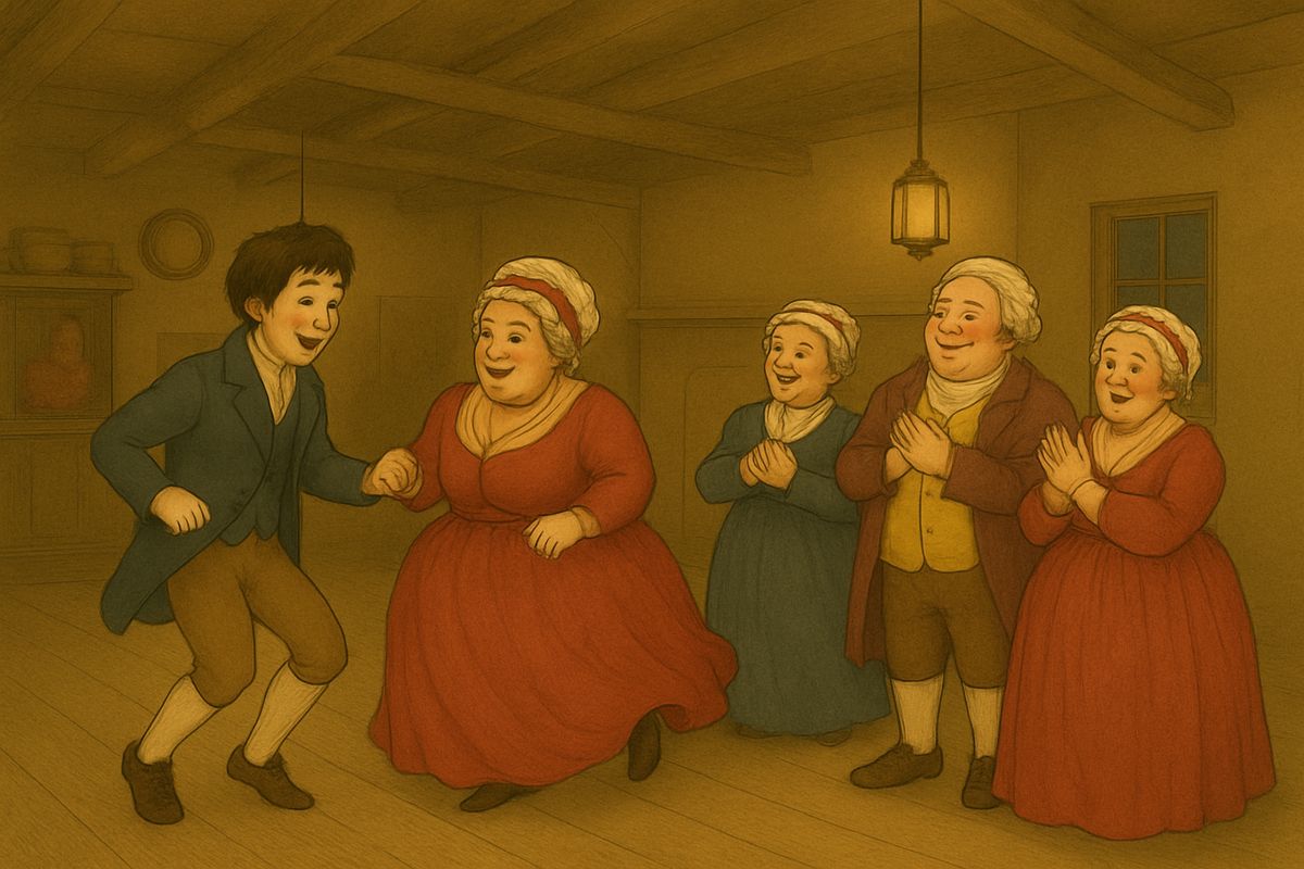 Young Ebenezer put up the shutters, and in a minute the room was swept and the fire heaped high. In came a fiddler, Mrs. Fezziwig with one vast smile, and a crowd of friends and servants. Soon twenty couples were dancing.