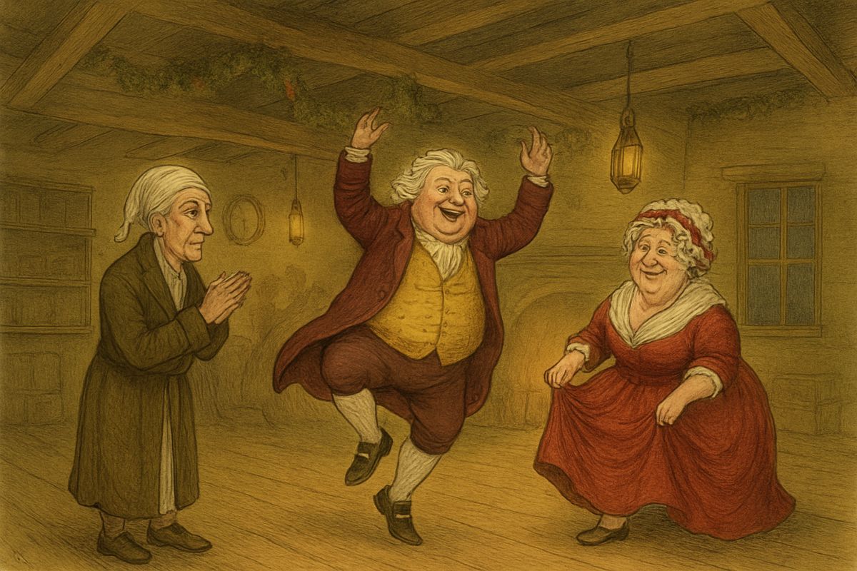 Then the fiddler struck up "Sir Roger de Coverley," and old Fezziwig led the dance with Mrs. Fezziwig, cutting a caper so deftly that he seemed to wink with his legs. Old Scrooge watched and laughed, remembering everything with his whole heart.