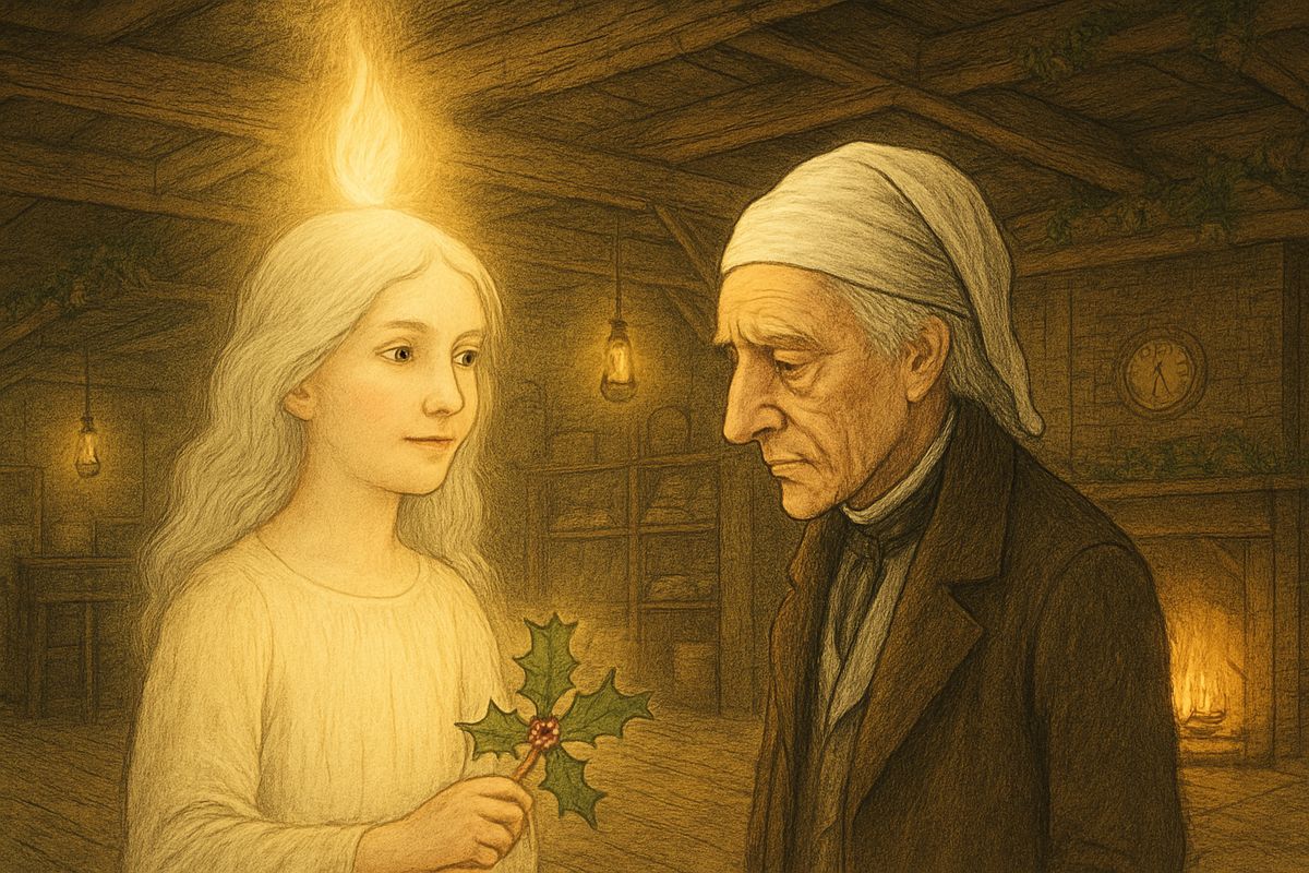 When the ball broke up, the Ghost called it a small matter of a few pounds. But Scrooge said the happiness Fezziwig gave was worth a fortune, then fell quiet. "I should like to say a word or two to my clerk just now."