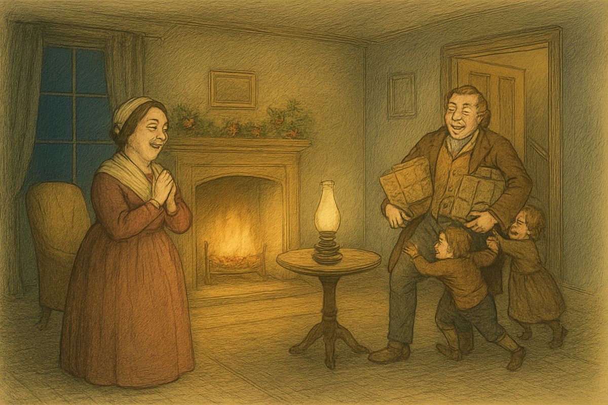 "No more!" begged Scrooge, but the Ghost showed him one shadow more: Belle, years later, a happy mother in a parlour full of romping children. When a knock came, they all rushed to greet their father, laden with Christmas parcels.