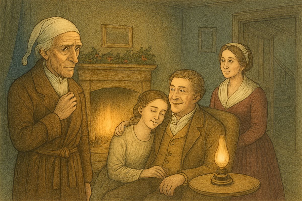 By the fire, Belle's husband told her he had seen Mr. Scrooge. "His partner lies dying, and there he sat alone. Quite alone in the world." Watching their daughter, Scrooge thought she might have called him father, and his eyes grew dim.