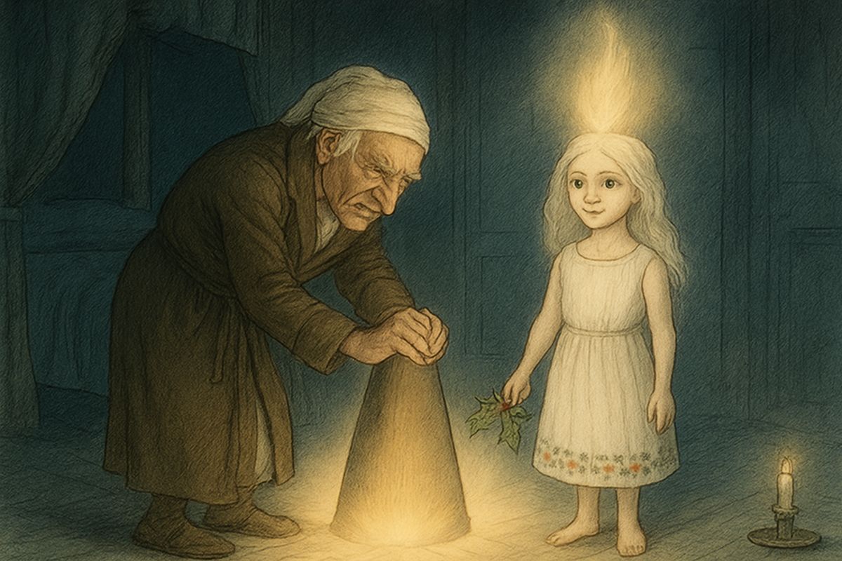 "Remove me! I cannot bear it!" cried Scrooge, pressing the extinguisher-cap down over the Spirit. But its light poured out from underneath in an unbroken flood. Worn out and back in his own bedroom, he sank into a heavy sleep.