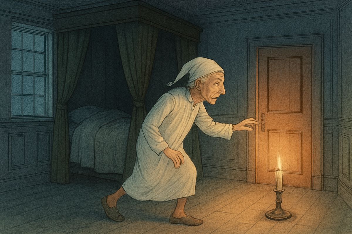 When the bell struck One again, Scrooge sat bolt upright, but no ghost appeared. Instead a blaze of ruddy light poured from the next room. At last he shuffled to the door, where a strange voice called his name and bade him enter.