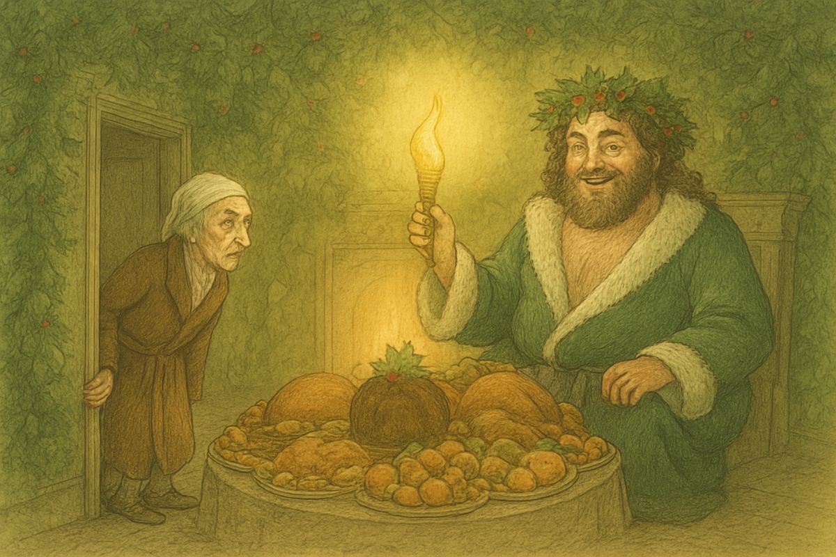 His room had become a green grove of holly and ivy, with a mighty fire roaring. On a throne of Christmas feasting sat a jolly Giant with a glowing torch. "I am the Ghost of Christmas Present," he cried. "Look upon me!"