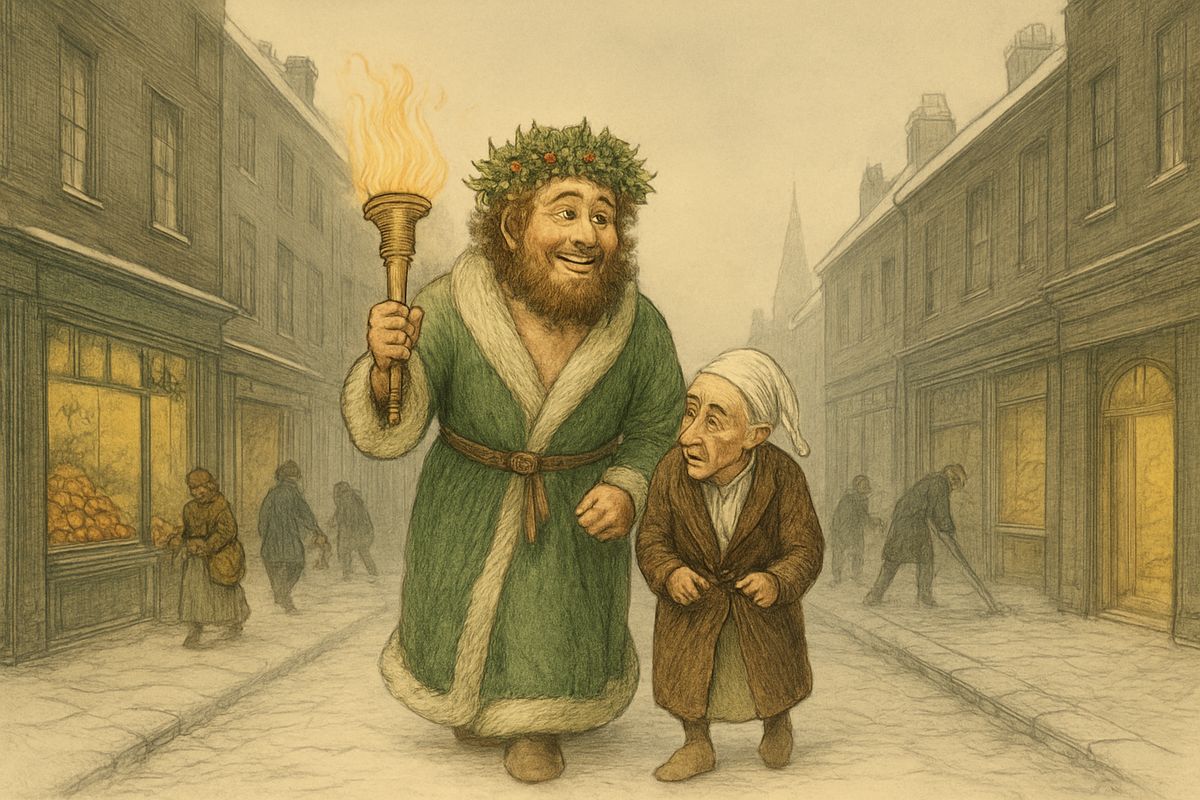 Humbled, Scrooge asked to be led wherever the Spirit wished. "Touch my robe!" said the Ghost, and the room vanished. They stood unseen in the snowy streets on Christmas morning, among cheerful crowds hurrying to the fruiterers' and grocers' shops.