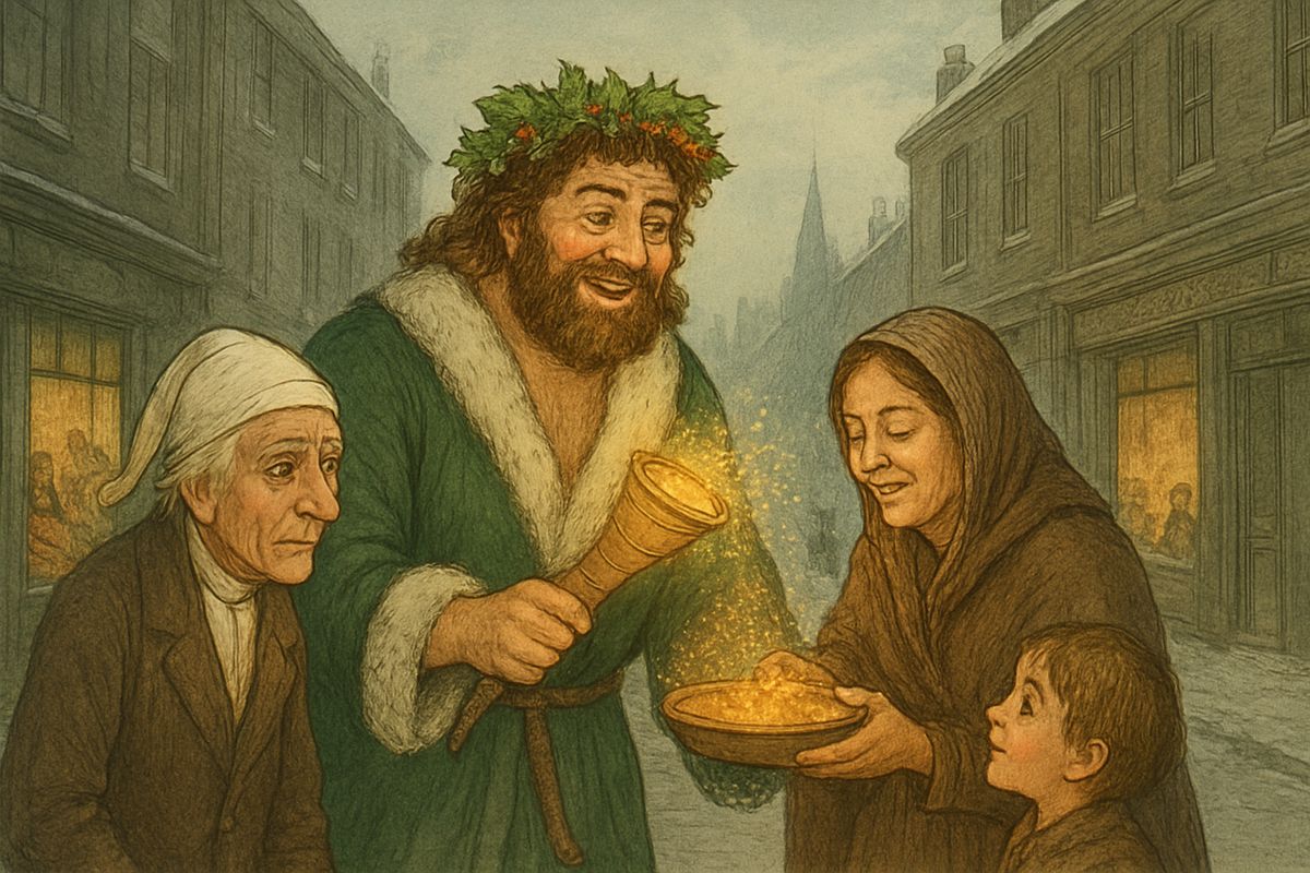 When the bells rang, poor families carried their Christmas dinners to the bakers' ovens. The Spirit sprinkled blessings on each dish from his torch, and when two carriers began to quarrel, a few drops restored their good humour, for it was Christmas Day.