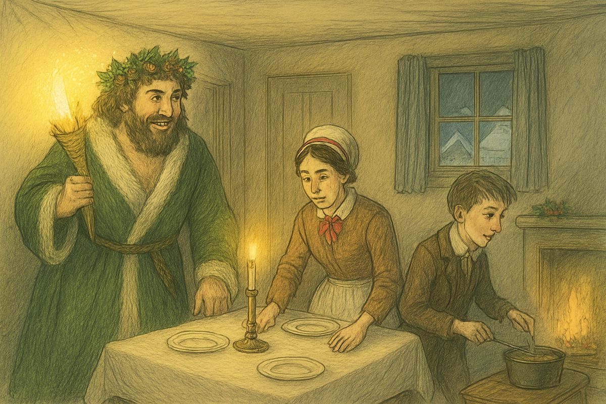The Spirit led Scrooge to the four-roomed house of his clerk, and blessed it, though Bob earned only fifteen shillings a week. Inside, Mrs. Cratchit laid the cloth, and Master Peter, proud in his father's great collar, poked the bubbling potatoes.