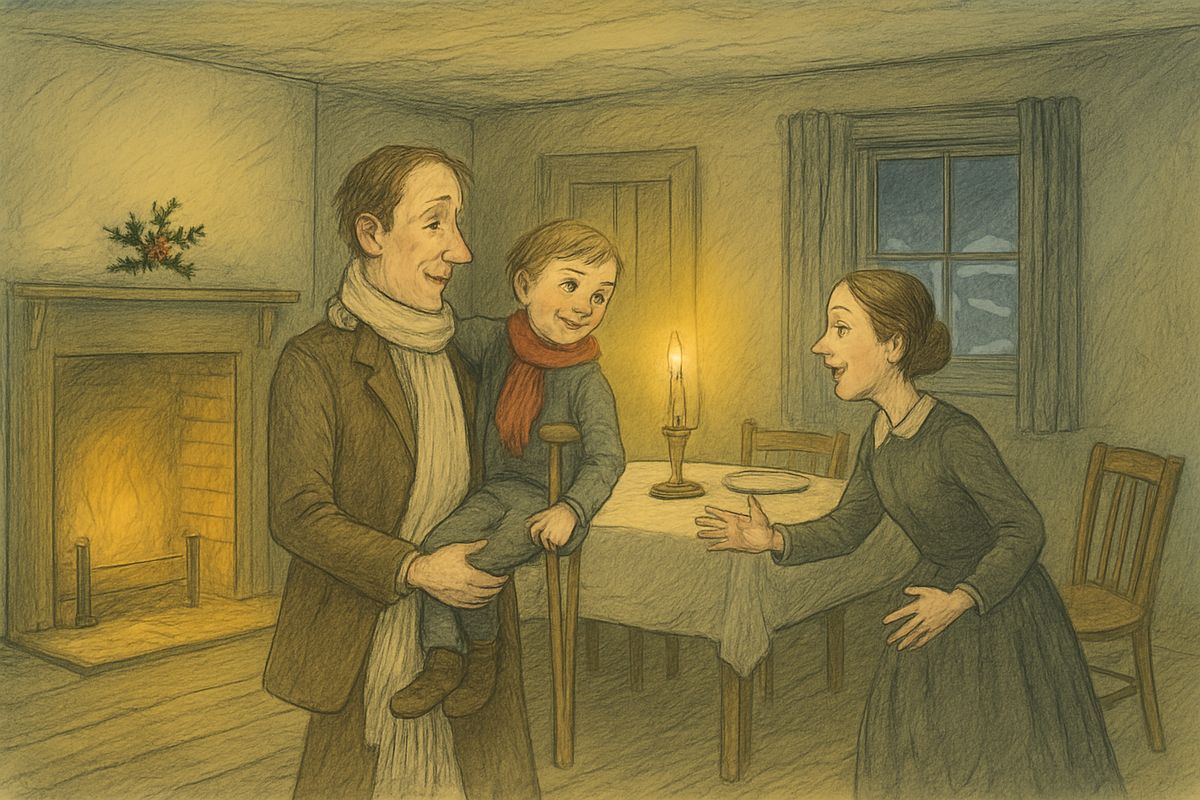 Martha came home late from the milliner's and hid for a joke. In came Bob with Tiny Tim, crutch and all, on his shoulder. "Why, where's our Martha?" cried Bob, and out she ran into his arms.