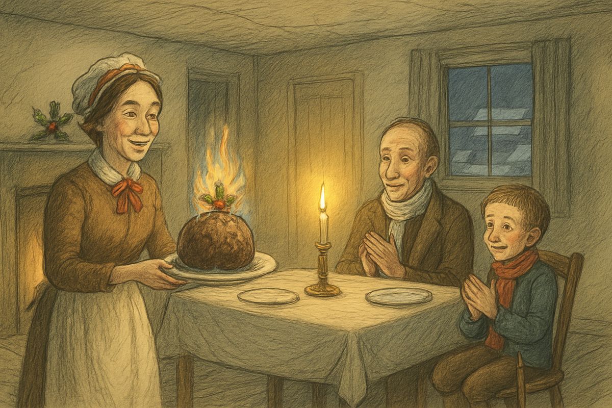 The goose was small, but nobody had ever seen such a goose, and even Tiny Tim cried Hurrah! Then Mrs. Cratchit, too nervous to be watched, went out and came back flushed and proud with the pudding, like a speckled cannon-ball blazing in brandy.