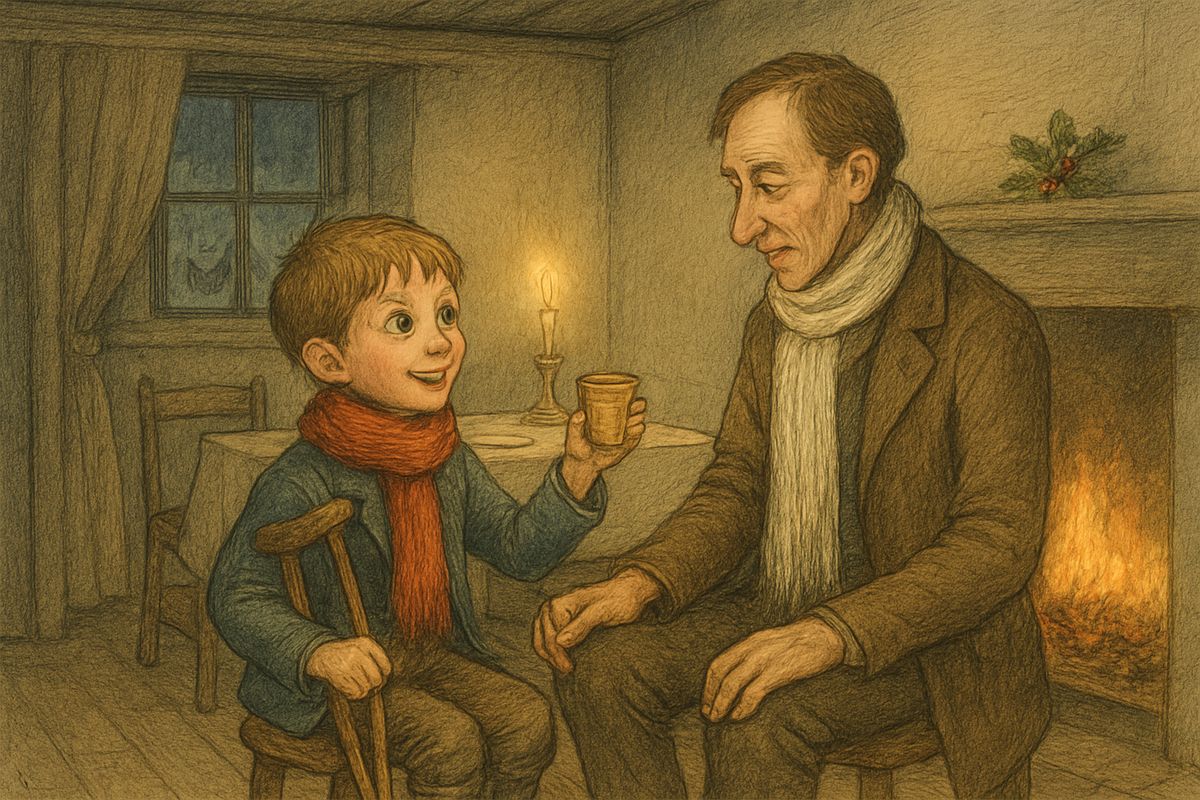 When dinner was cleared, the family drew round the fire, and Bob poured the hot drink into tumblers and a custard-cup. After Bob's toast, Tiny Tim, holding his father's hand, added last of all: "God bless us every one!"