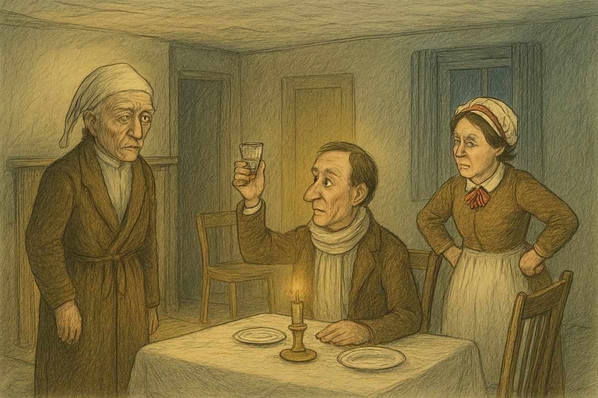 Scrooge looked up at his own name. "I'll give you Mr. Scrooge, the Founder of the Feast!" said Bob. Mrs. Cratchit longed to give the stingy man a piece of her mind, but drank to him for Bob's sake. Then the family cheered up again.