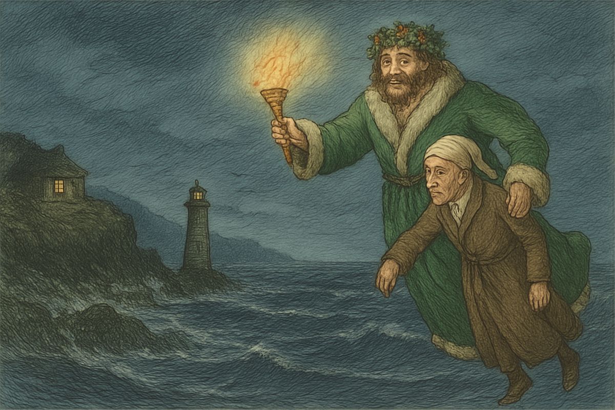 As darkness fell, the Spirit carried Scrooge far beyond the town: to miners singing on a bleak moor, to two lighthouse keepers shaking hands over their grog, and to a ship far out at sea where every sailor hummed a Christmas tune.
