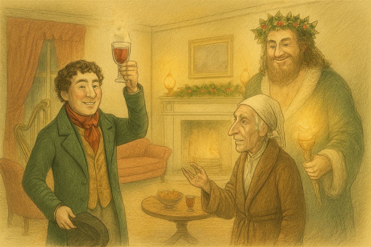 "A Merry Christmas and a Happy New Year to the old man, whatever he is!" said Fred, raising his glass. Unseen beside the Spirit, Scrooge felt so light of heart he would have toasted them back, but the scene faded away.