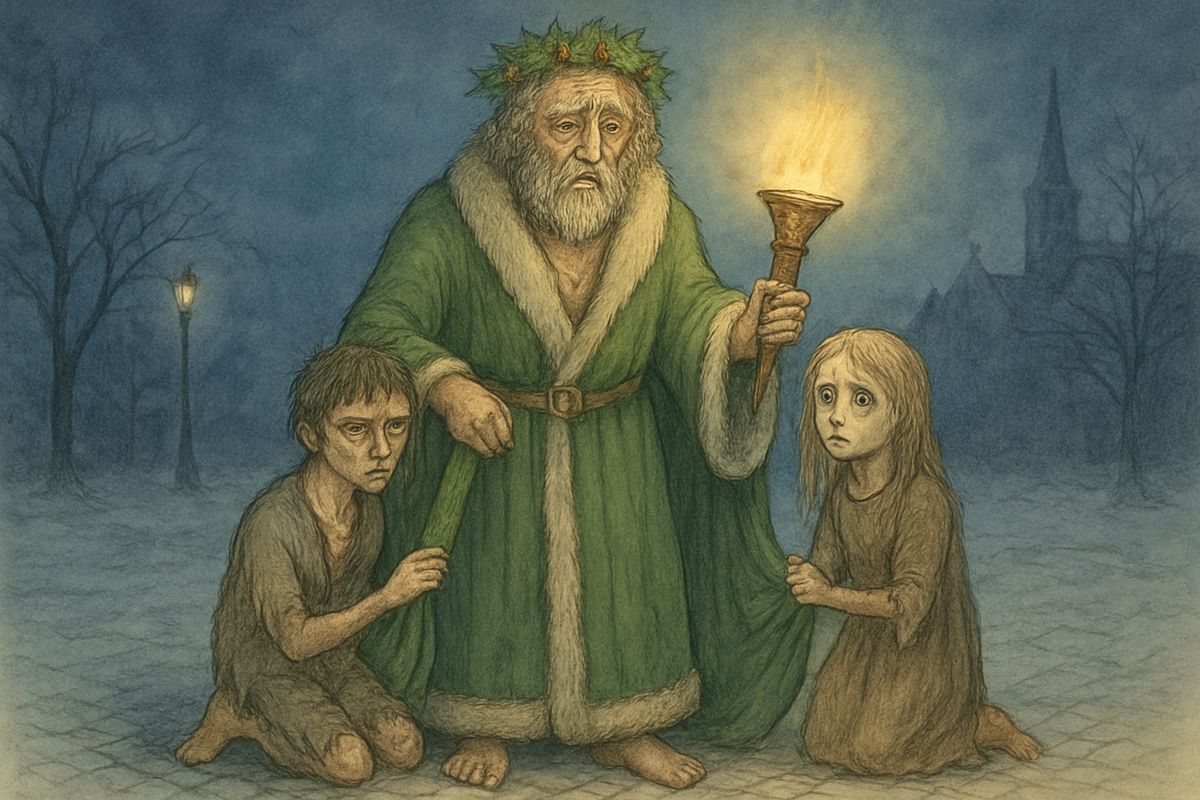 The night wore on and the Spirit grew old. From under its robe it drew two starved children, Ignorance and Want. When Scrooge asked if they had no refuge, it threw back his own words: "Are there no workhouses?" Then the bell struck twelve.