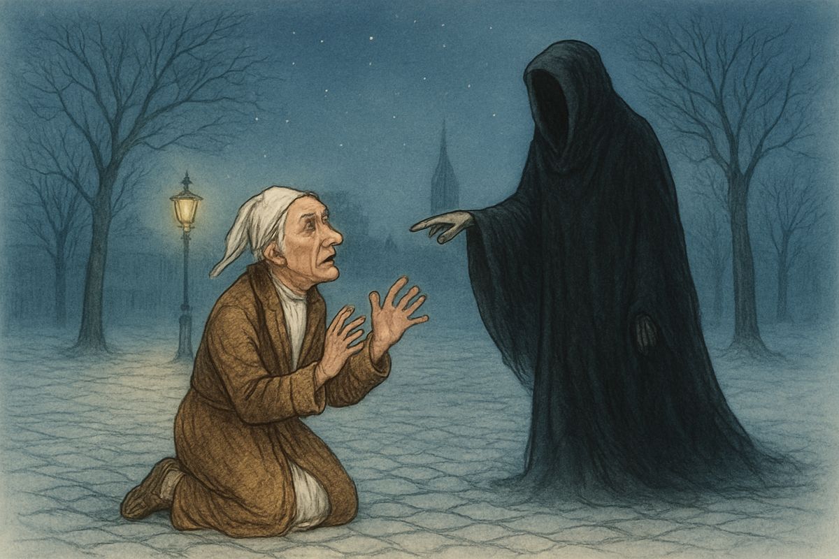 As the second Spirit faded, a black-robed Phantom glided toward Scrooge, slowly, gravely, silently, one hand outstretched. Scrooge sank to his knees. "I fear you more than any spectre I have seen," he said. It gave no answer, but pointed onward.