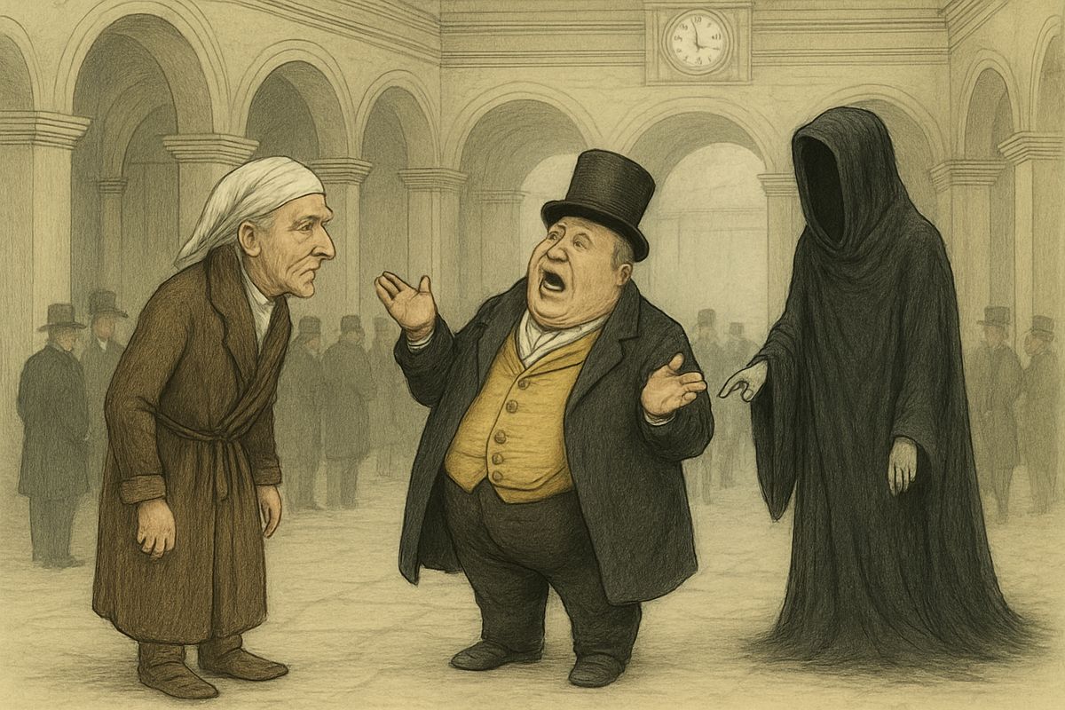 The city sprang up around them, and on the Exchange a fat merchant yawned that someone had died last night. "It's likely to be a very cheap funeral," he said, and his friends laughed. Scrooge knew these men, but not whom they meant.