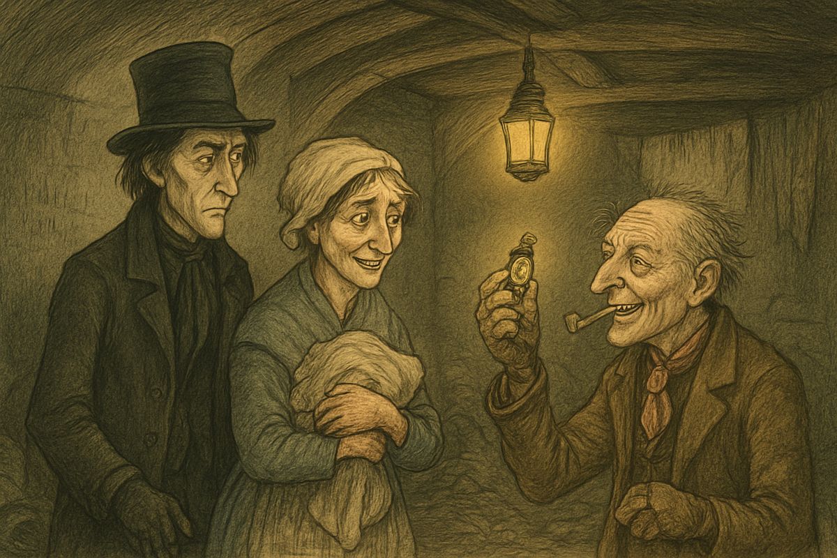 Next the Phantom led him down a foul back street to old Joe's rag-and-bone shop. A charwoman, Mrs. Dilber the laundress and an undertaker's man slunk in with bundles. The man went first, and Joe chalked his prices on the wall.