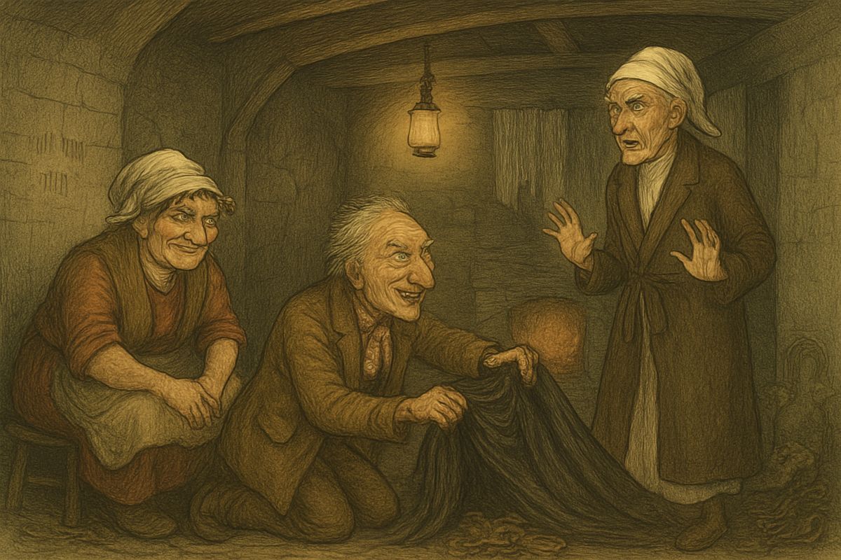 Last came the charwoman's bundle: bed-curtains, taken down with the dead man lying there, and even his burial shirt. "He frightened every one away from him when he was alive, to profit us when he was dead!" she laughed. Scrooge watched in horror.