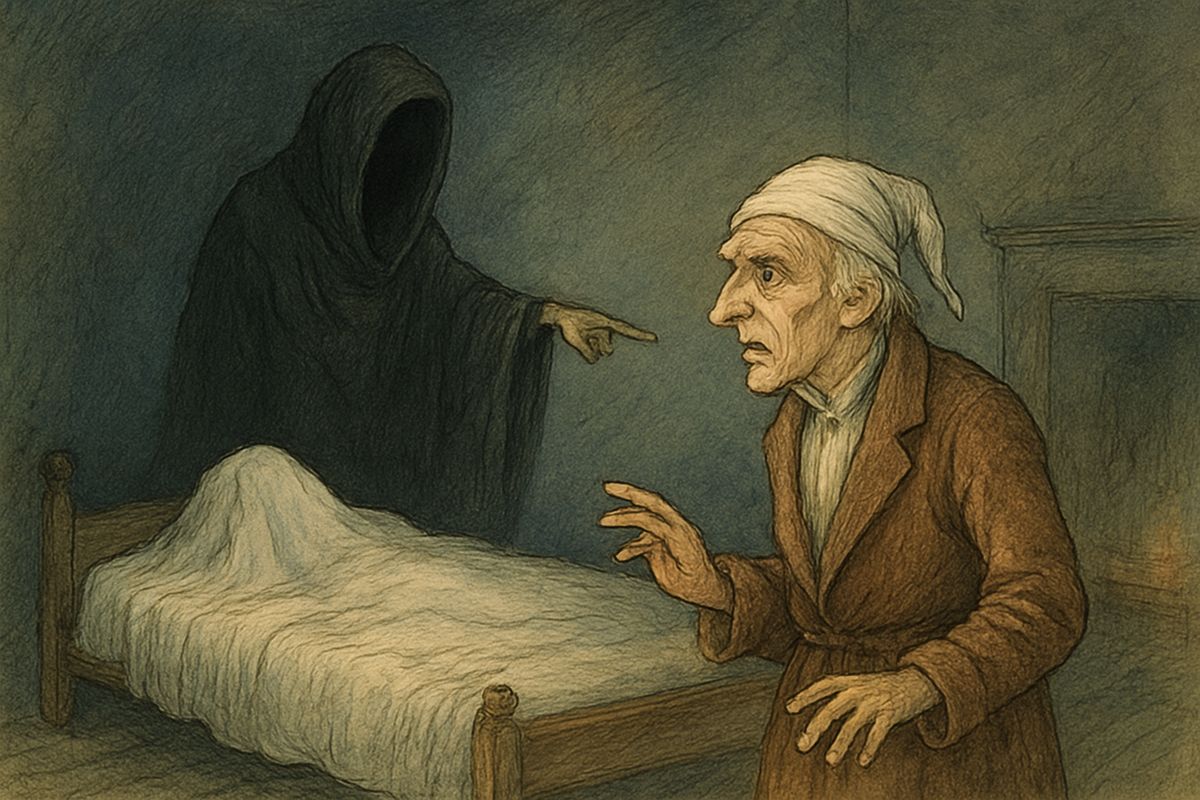 "The case of this unhappy man might be my own," Scrooge shuddered. Now he stood by a bare bed where the dead man lay alone, unwatched and unwept. The Phantom pointed to the covered face, but Scrooge had not the power to lift the sheet.