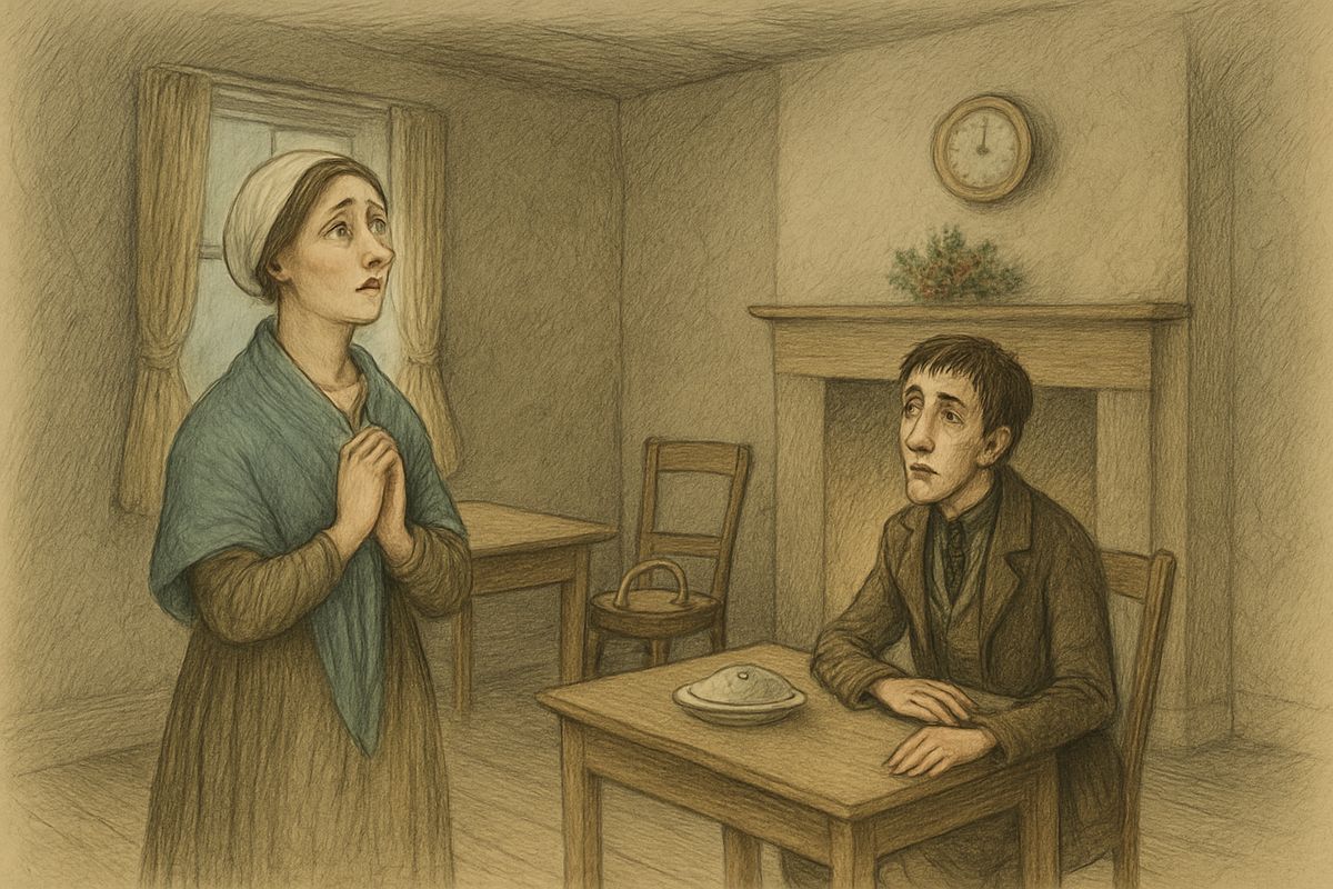 Scrooge begged to see anyone moved by the man's death, and the Phantom showed him a poor young couple. "He is past relenting," the husband told Caroline. "He is dead." Their cruel creditor was gone, and they could sleep with light hearts that night.