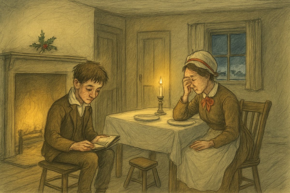 Longing for some tenderness tied to a death, Scrooge followed the Spirit to Bob Cratchit's house. The noisy family was very still now. Peter read aloud, and Mrs. Cratchit hid her wet eyes, for Tiny Tim's stool stood empty by the fire.