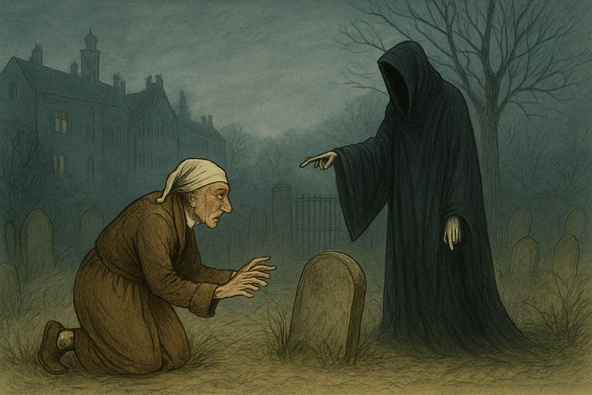 Scrooge begged to know who the dead man was. The Phantom led him past his own office, now someone else's, to an iron gate and a weedy, crowded churchyard. It pointed down at one neglected grave. Trembling, Scrooge crept closer and read the name on the stone: EBENEZER SCROOGE.