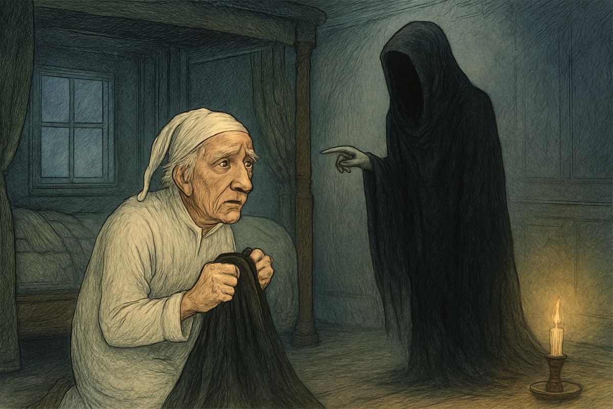 Falling to his knees, Scrooge clutched the Phantom's robe. "I will honour Christmas in my heart, and try to keep it all the year!" he cried, begging to wipe away the writing on that stone. The hand trembled; the Phantom dwindled into his bedpost.
