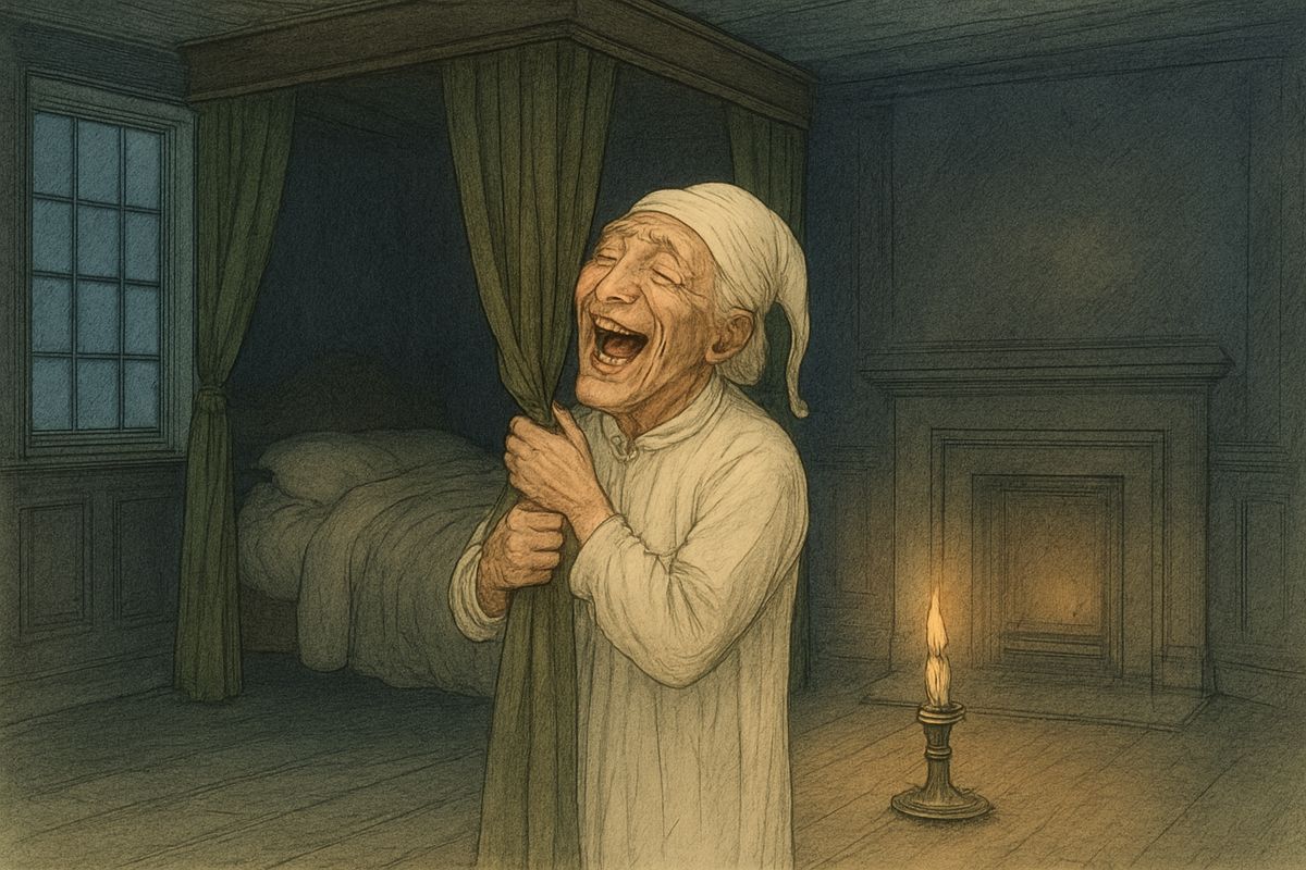 Scrooge woke in his own bed, with time still his own to make amends. Laughing and crying at once, he hugged his bed-curtains and tumbled into his clothes. "I am as light as a feather, I am as happy as an angel!"