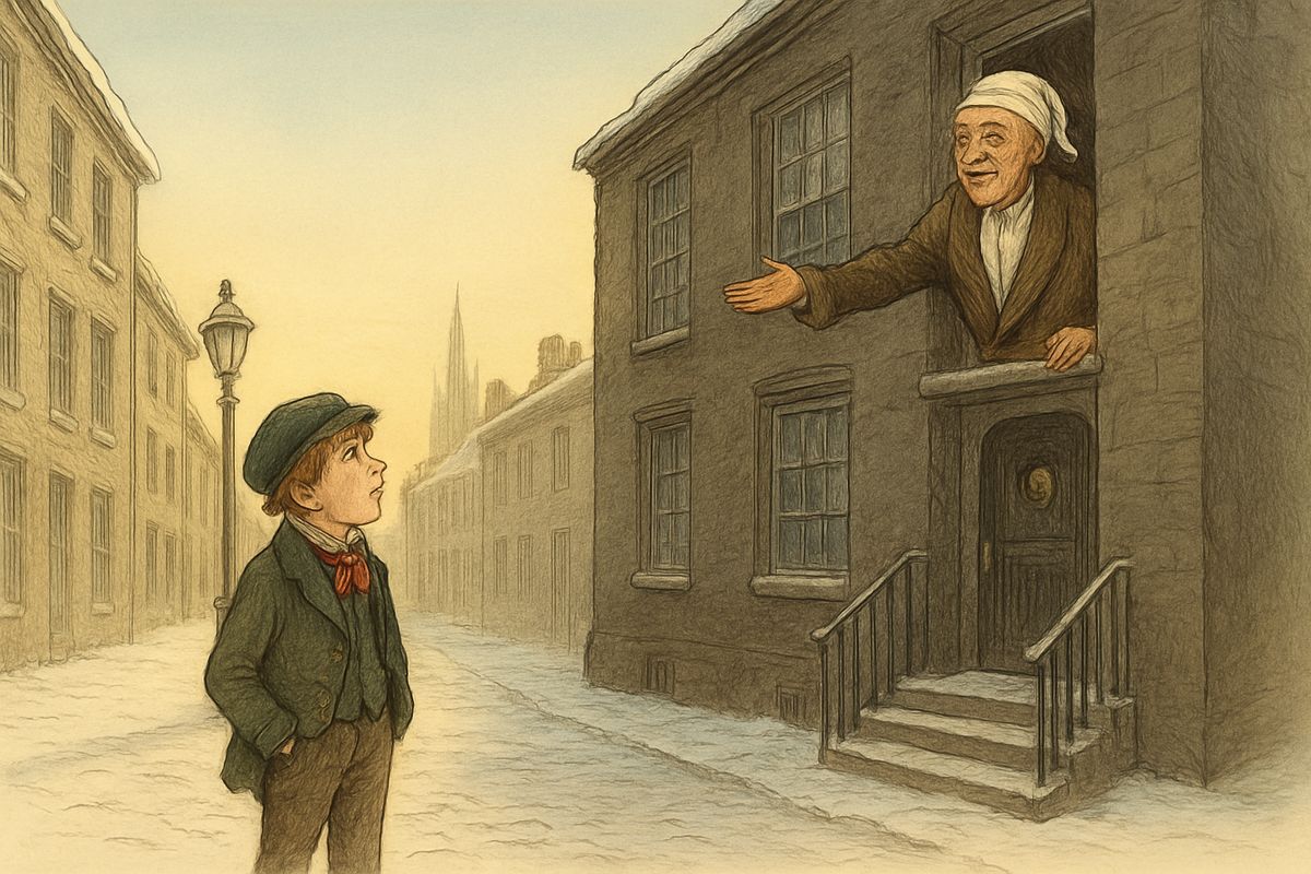 Church bells rang out the lustiest peals he had ever heard. Scrooge flung open the window to golden sunshine and sweet, cold air, and called down to a boy in Sunday clothes. "What's to-day, my fine fellow?" "To-day? Why, Christmas Day!" The Spirits had done it all in one night.