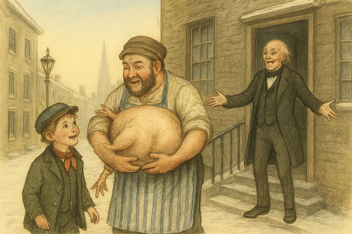 Scrooge sent the boy running to the poulterer's for the prize turkey, promising him half-a-crown if he was quick. Soon the poulterer's man came staggering up with a bird so huge it could never have stood upon its legs.