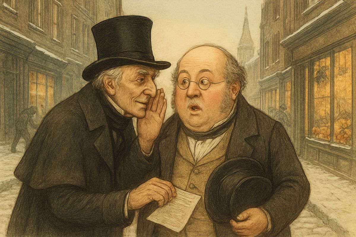 Dressed in his best, Scrooge walked out and met the portly gentleman he had turned away the day before. Taking his hands, Scrooge begged his pardon and whispered a sum that made him gasp. "Not a farthing less," said Scrooge.